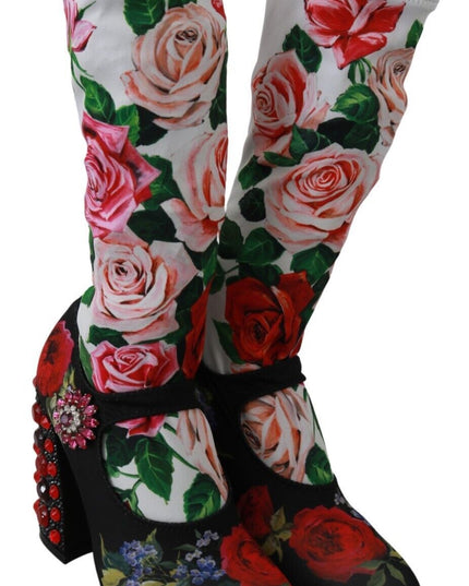 Dolce & Gabbana Black Floral Socks Crystal Jersey Boots Shoes