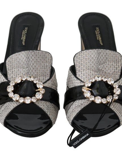 Dolce & Gabbana Black Gray Exotic Leather Crystals Sandals Shoes