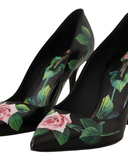 Dolce & Gabbana Black Leather Roses High Heels Pumps Shoes