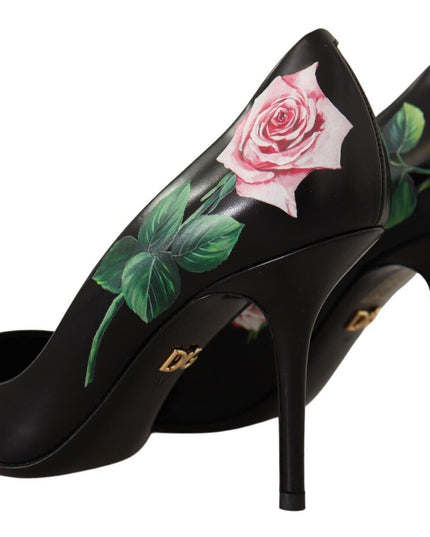 Dolce & Gabbana Black Leather Roses High Heels Pumps Shoes