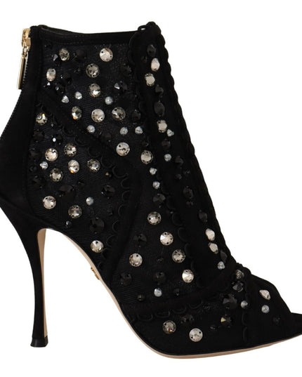 Dolce & Gabbana Black Crystals Heels Zipper Short Boots Shoes