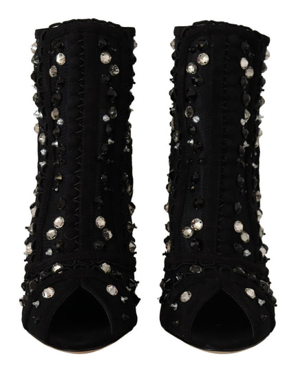 Dolce & Gabbana Black Crystals Heels Zipper Short Boots Shoes