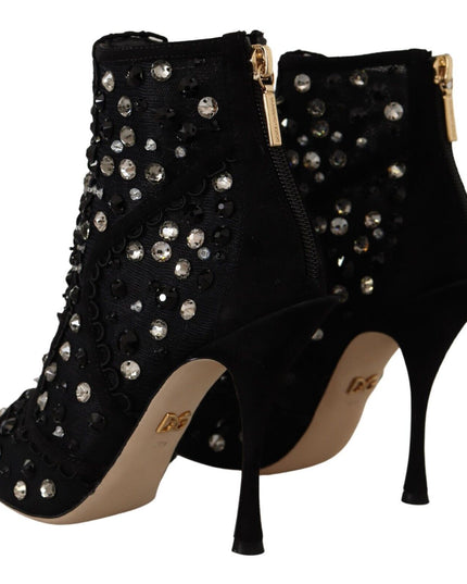 Dolce & Gabbana Black Crystals Heels Zipper Short Boots Shoes