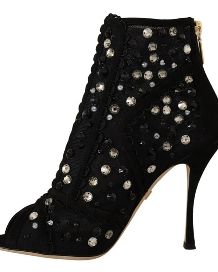 Dolce & Gabbana Black Crystals Heels Zipper Short Boots Shoes