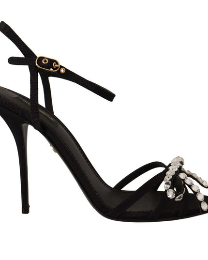 Dolce & Gabbana Black Crystals Ankle Strap Heels Sandals Shoes