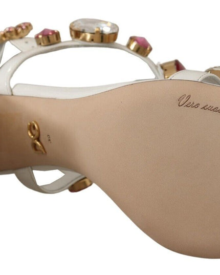 Dolce & Gabbana White Leather Crystal Keira Heels Sandals Shoes