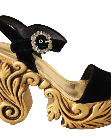 Dolce & Gabbana Black Gold Baroque Velvet Heels Crystal Shoes