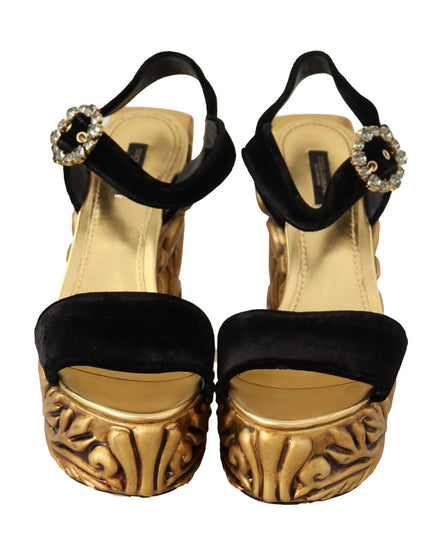 Dolce & Gabbana Black Gold Baroque Velvet Heels Crystal Shoes