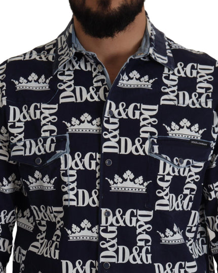 Dolce & Gabbana Blue Denim Stretch DG Crown Logo Casual Shirt