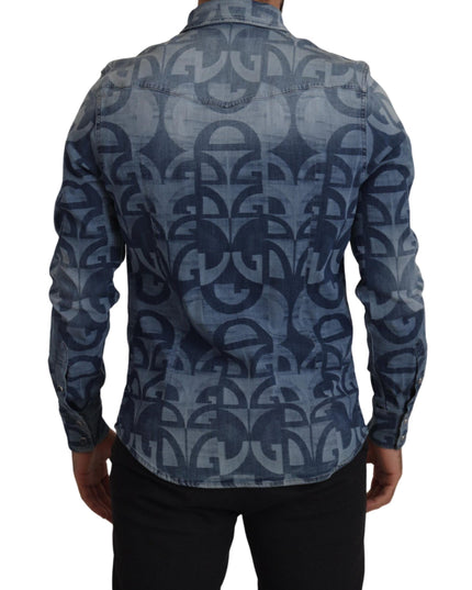 Dolce & Gabbana Blue Denim Stretch DG Logo Casual Mens Slim Shirt