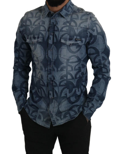 Dolce & Gabbana Blue Denim Stretch DG Logo Casual Mens Slim Shirt
