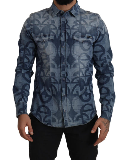 Dolce & Gabbana Blue Denim Stretch DG Logo Casual Mens Slim Shirt