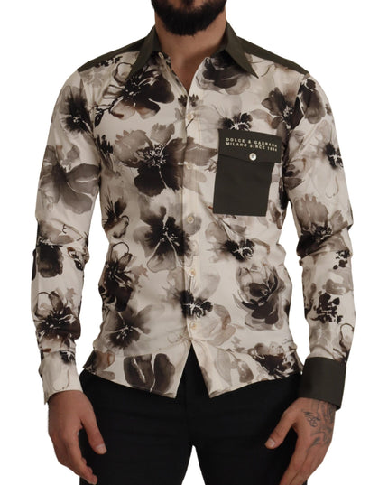 Dolce & Gabbana Green Beige Floral Cotton Stretch Exclusive Shirt