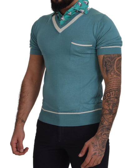 Dolce & Gabbana Blue Silk Polo Top Mens V-neck  T-shirt