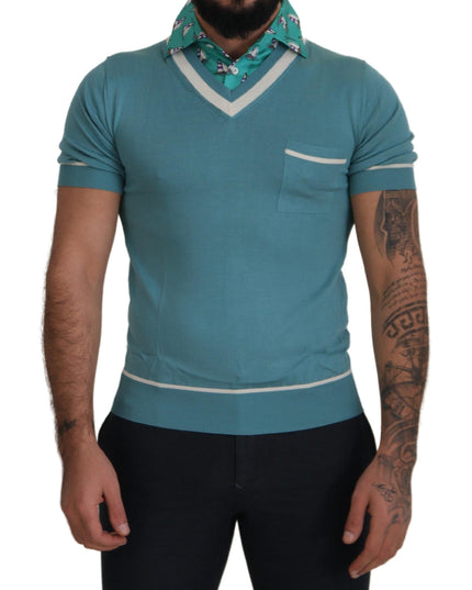 Dolce & Gabbana Blue Silk Polo Top Mens V-neck  T-shirt