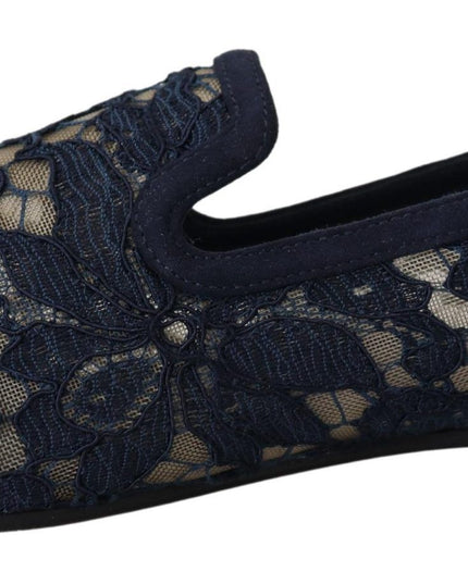 Dolce & Gabbana Blue Floral Lace Slip Ons Loafers Flats Shoes