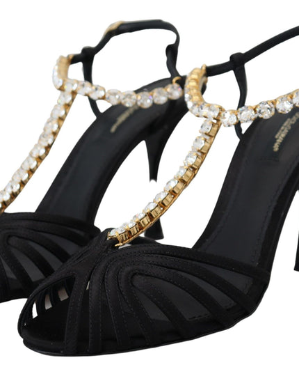 Dolce & Gabbana Black Satin Clear Crystal T-strap Sandal Shoes