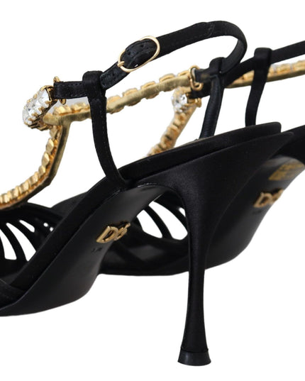 Dolce & Gabbana Black Satin Clear Crystal T-strap Sandal Shoes