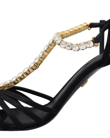 Dolce & Gabbana Black Satin Clear Crystal T-strap Sandal Shoes