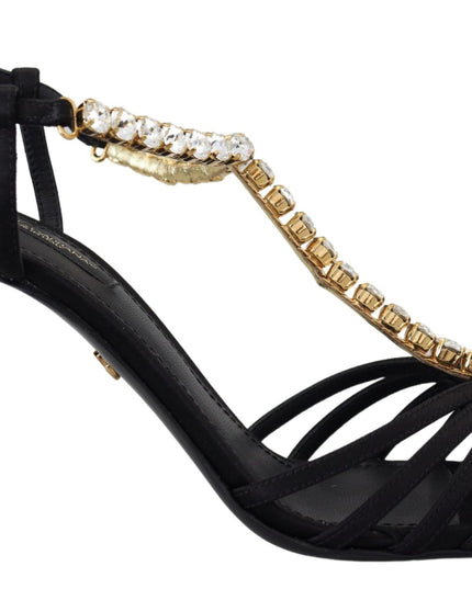 Dolce & Gabbana Black Satin Clear Crystal T-strap Sandal Shoes