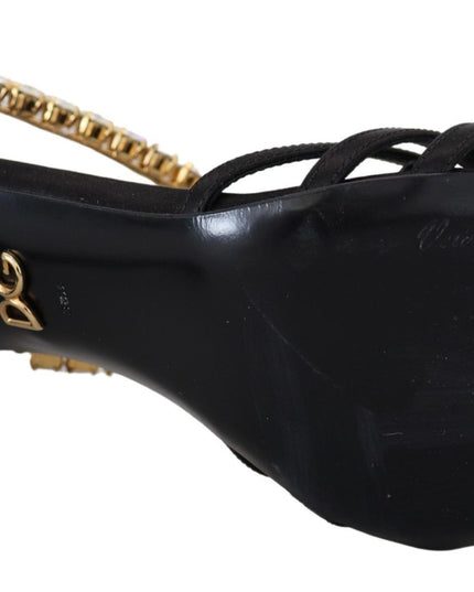 Dolce & Gabbana Black Satin Clear Crystal T-strap Sandal Shoes