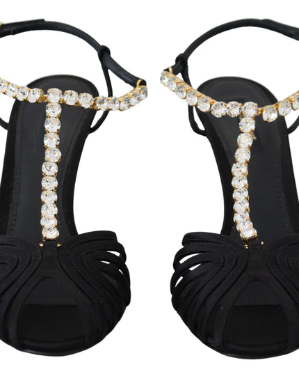 Dolce & Gabbana Black Satin Clear Crystal T-strap Sandal Shoes