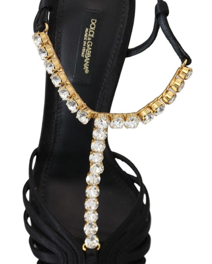 Dolce & Gabbana Black Satin Clear Crystal T-strap Sandal Shoes