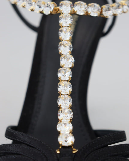 Dolce & Gabbana Black Satin Clear Crystal T-strap Sandal Shoes