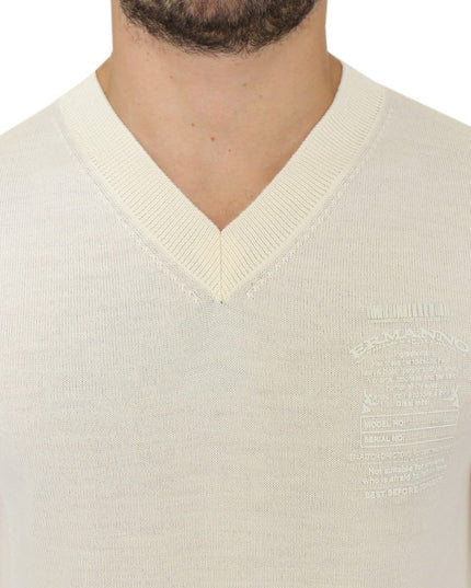 Ermanno Scervino Off White Wool Blend V-neck Pullover Sweater