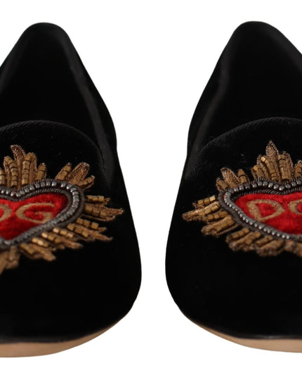 Dolce & Gabbana Black DG Sacred Heart Patch Slip On Flat Shoes