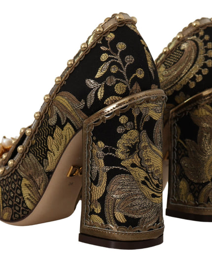 Dolce & Gabbana Gold Crystal Square Toe Brocade Pumps Shoes