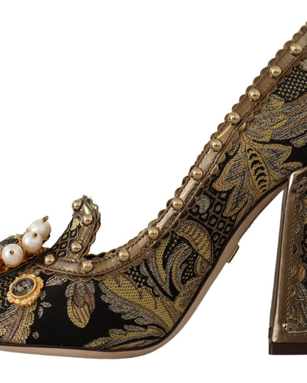 Dolce & Gabbana Gold Crystal Square Toe Brocade Pumps Shoes