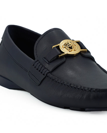 Versace Elegant Navy Blue Calf Leather Loafers