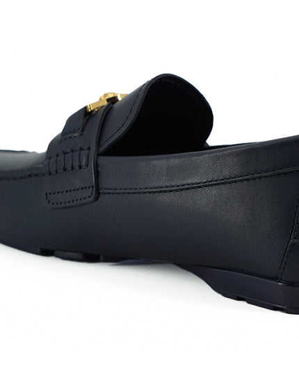 Versace Elegant Navy Blue Calf Leather Loafers