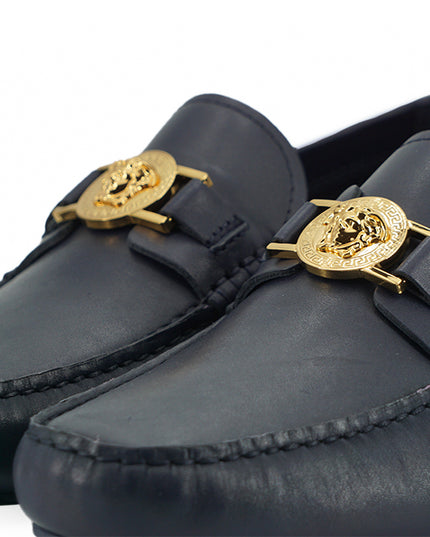 Versace Elegant Navy Blue Calf Leather Loafers