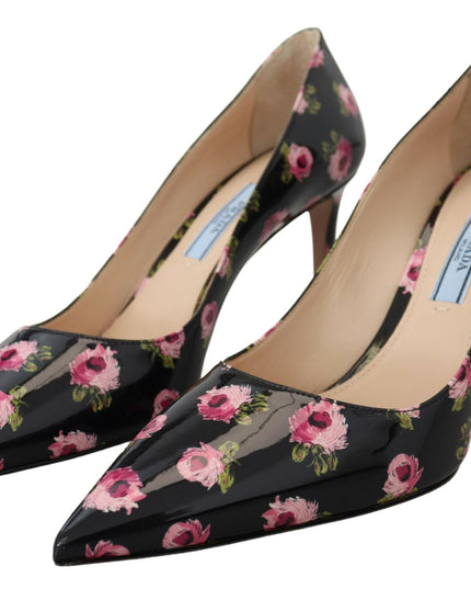 Prada Black Leather Floral Heels Stilettos Pumps
