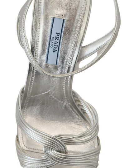 Prada Silver Leather Sandals Ankle Strap Heels Stiletto