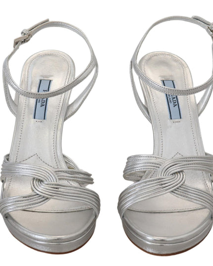 Prada Silver Leather Sandals Ankle Strap Heels Stiletto
