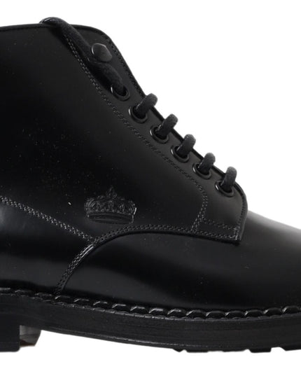 Dolce & Gabbana Black Leather Men Short Boots Lace Up Shoes