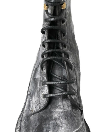 Dolce & Gabbana Black Gray Leather Mid Calf Boots Shoes