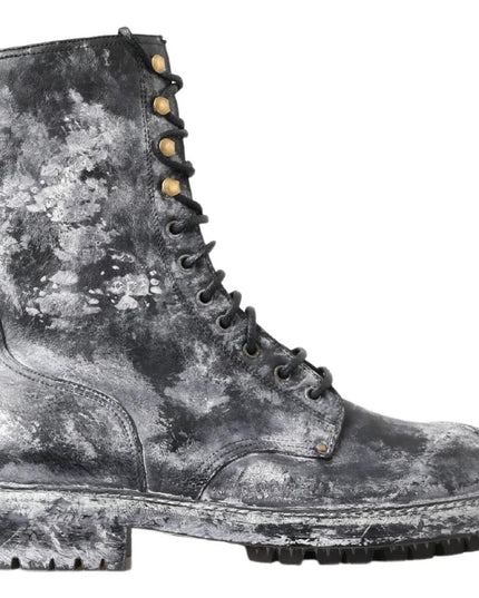 Dolce & Gabbana Black Gray Leather Mid Calf Boots Shoes
