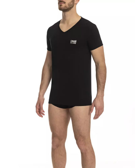 Cavalli Class "Black Cotton Men's V-Neck T-Shirt"