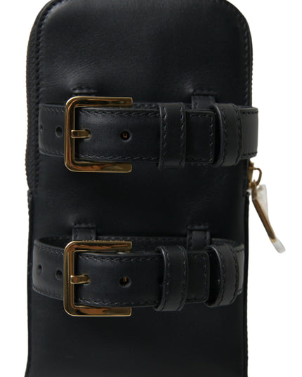 Dolce & Gabbana Black Leather Men Purse Double Belt Strap Bracelet Bag