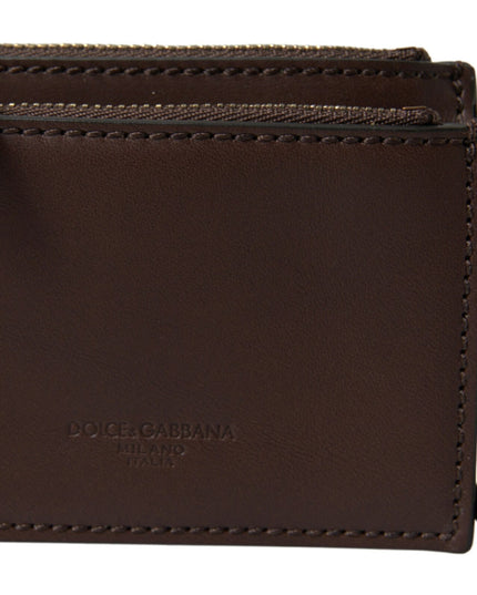 Dolce & Gabbana Brown Leather Zip Logo Keyring Coin Purse Wallet