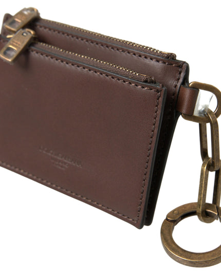 Dolce & Gabbana Brown Leather Zip Logo Keyring Coin Purse Wallet