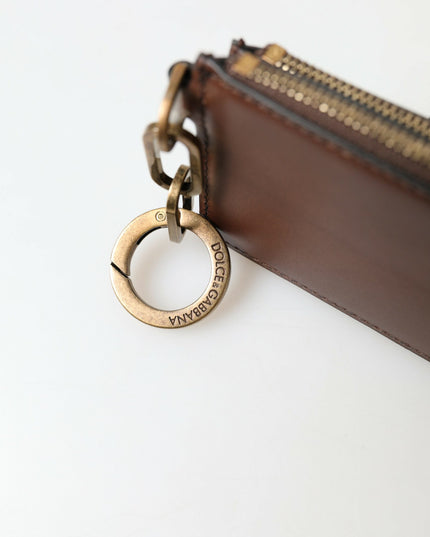 Dolce & Gabbana Brown Leather Zip Logo Keyring Coin Purse Wallet