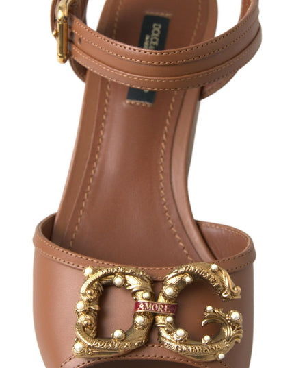 Dolce & Gabbana Brown Leather AMORE Wedges Sandals Shoes