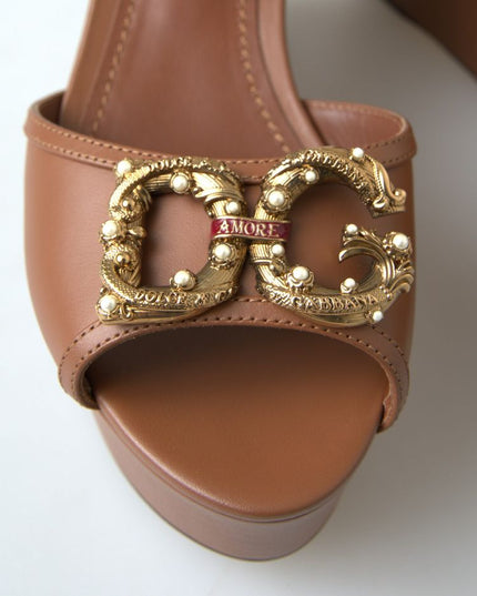 Dolce & Gabbana Brown Leather AMORE Wedges Sandals Shoes