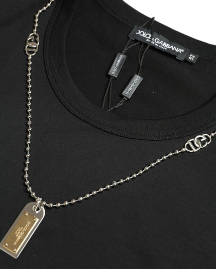 Dolce & Gabbana Black Cotton Dog Tag Round Neck T-shirt