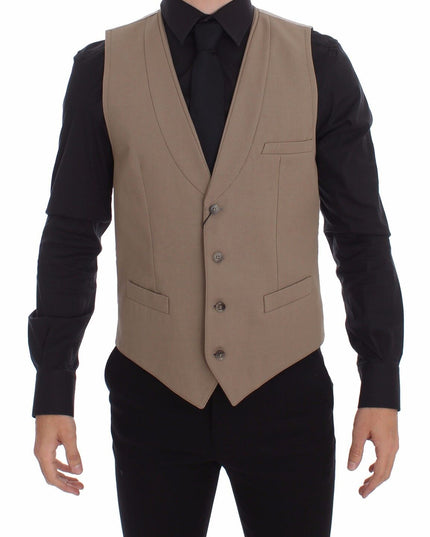 Dolce & Gabbana Beige Cotton Slim Fit Button Front Dress Vest